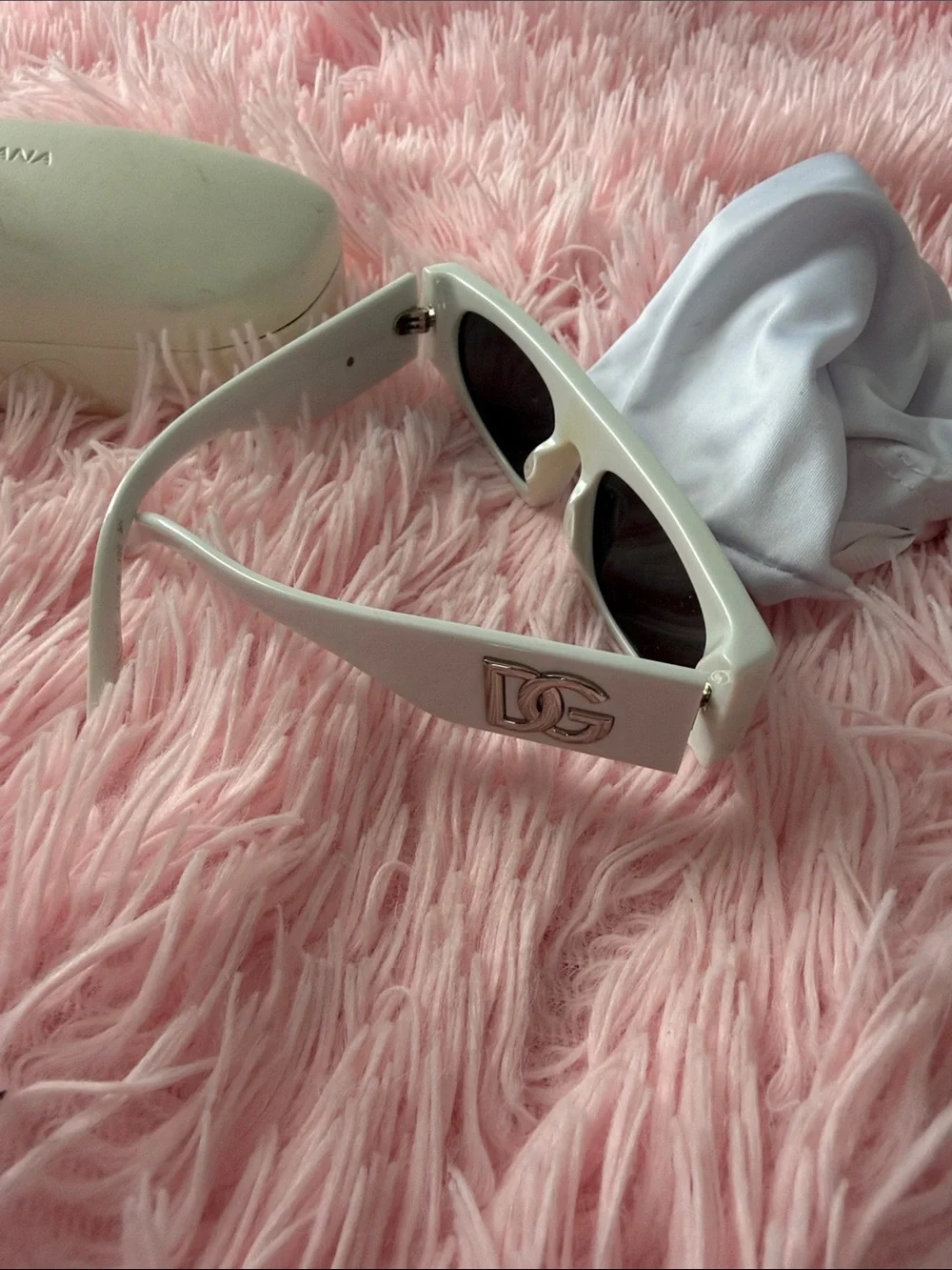 Dolce & Gabbana White Rectangular Sunglasses with Black Lenses